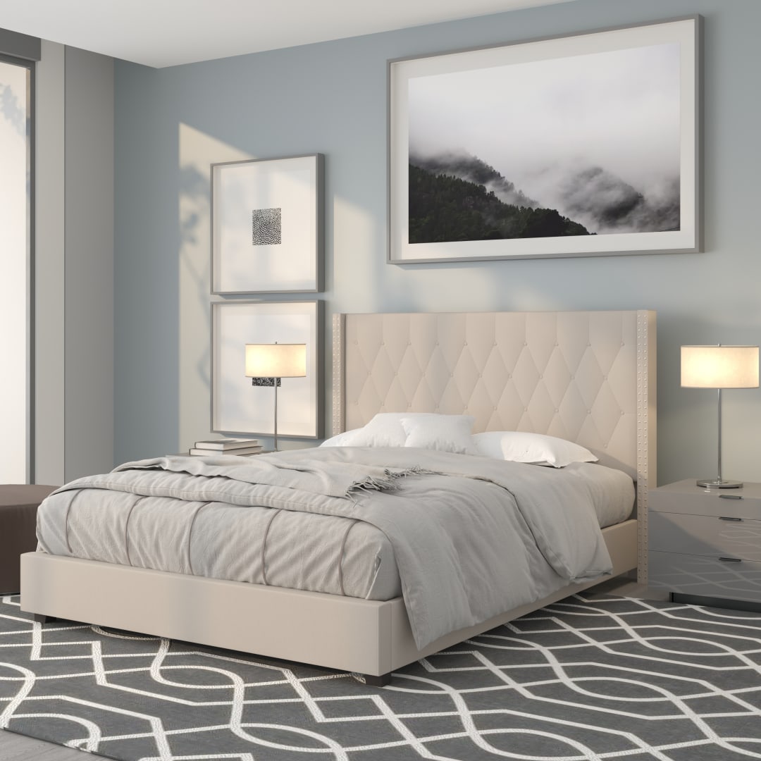 Riverdale Queen Size Tufted Upholstered Platform Bed in Beige Fabric