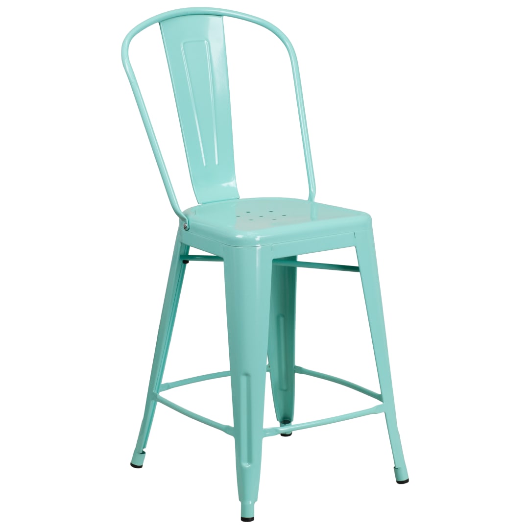 Carly Commercial Grade 24" High Mint Green Metal Indoor-Outdoor Counter Height Stool with Back