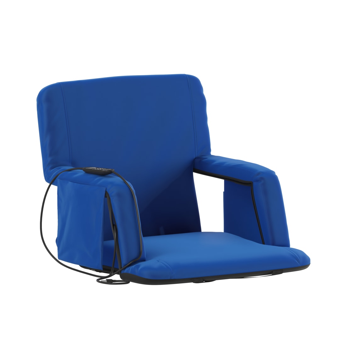 Malta Blue Portable Heated Reclining Stadium Chair with Armrests, Heated Padded Back &amp; Heated Seat with Dual Storage Pockets and Backpack Straps