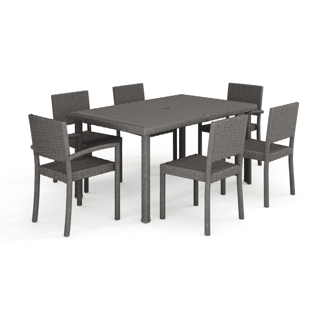 Bedford 7-Piece Indoor-Outdoor Dining Set with 6 Stackable Dining Chairs and 62" Patio Table with Engineered Wood Top in Gray Rattan Wicker
