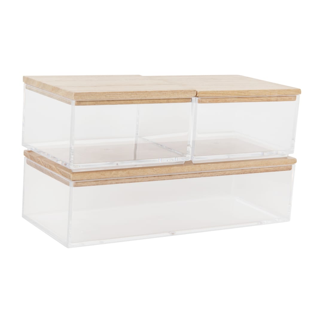 Brody Clear Plastic Storage Organizer Bins with Light Natural Paulownia Wood Lids for Home Office, Kitchen, or Bathroom, SM-x2/MED-x1