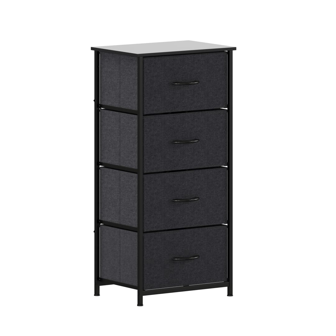 Harris 4 Drawer Vertical Storage Dresser with Black Cast Iron Frame and Wood Top and Black Easy Pull Fabric Drawers with Wooden Handles