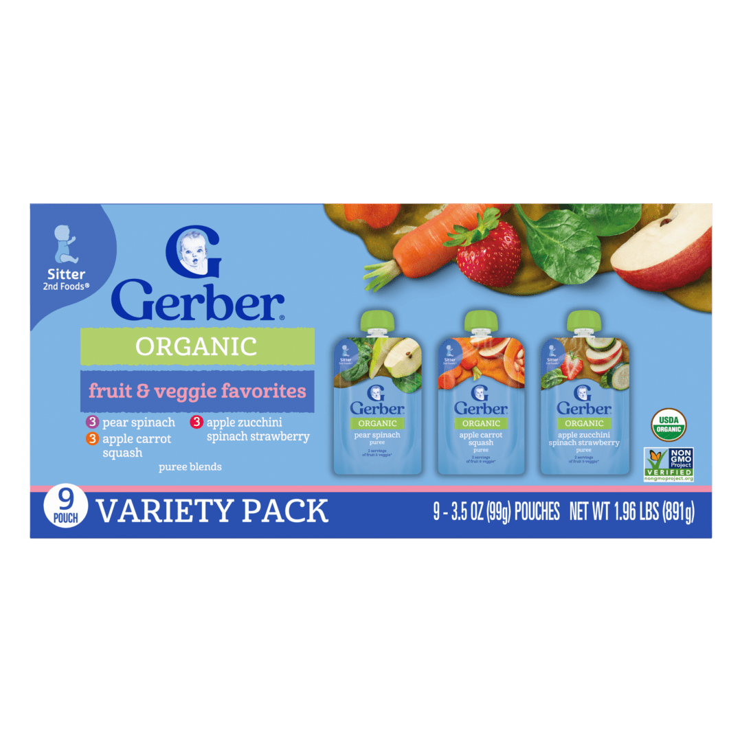 Gerber Stage 2 Baby Food, Organic Fruit and Veggie Favorites Puree Pouches, Variety 9PK