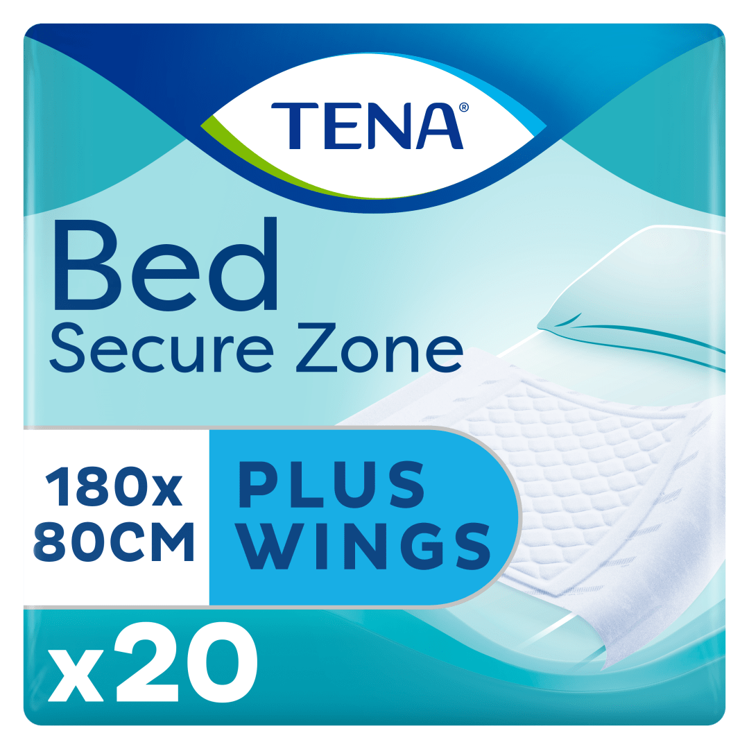 TENA Bed Secure Zone Plus Wings – Absorbent Incontinence Bed Pads with Wings for Secure Fit, Secure Zone Pattern with Super-Absorbent Micro Beads, Dermatologically Tested - 180 cm x 80 cm, Pack of 20