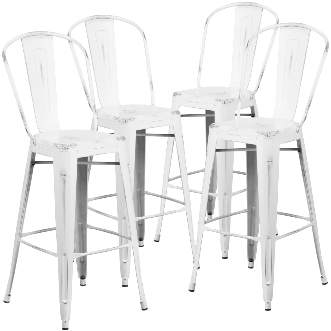 Blake Commercial Grade 4 Pack 30" High Distressed White Metal Indoor-Outdoor Barstool with Back