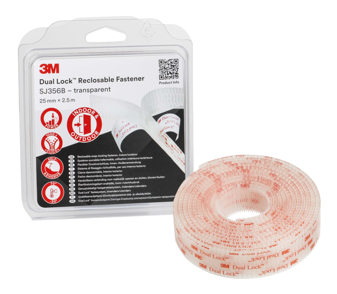 3M™ Dual Lock™ Tekrar Kapatılabilen Bant SJ356B, Şeffaf, 25 mm x 2.5 m, IPC