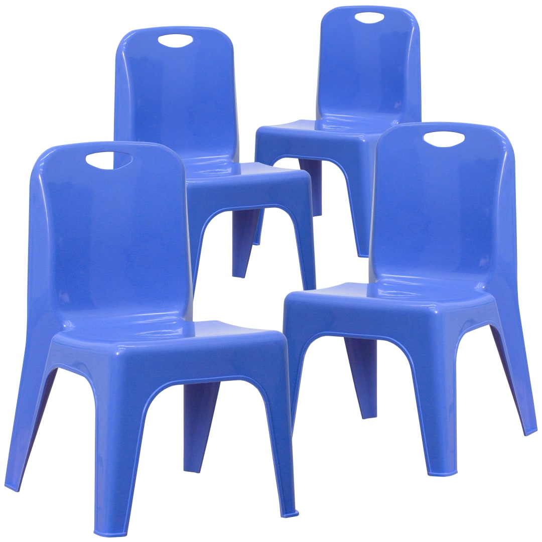 Whitney 4 Pack Blue Plastic Stackable School Chair with Carrying Handle and 11'' Seat Height