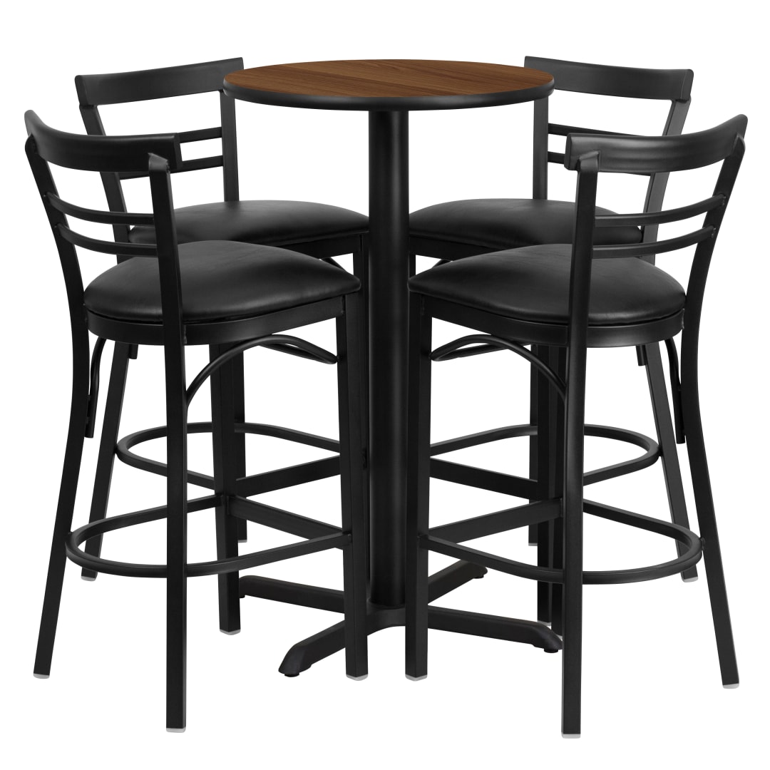 Carlton 24'' Round Walnut Laminate Table Set with X-Base and 4 Two-Slat Ladder Back Metal Barstools - Black Vinyl Seat
