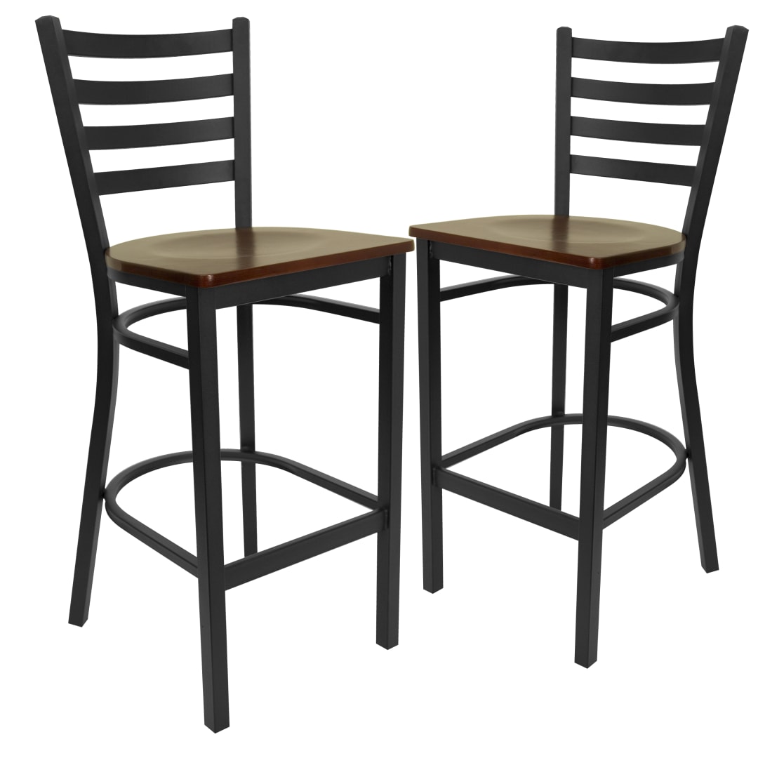 2 Pack HERCULES Series Black Ladder Back Metal Restaurant Barstool - Mahogany Wood Seat
