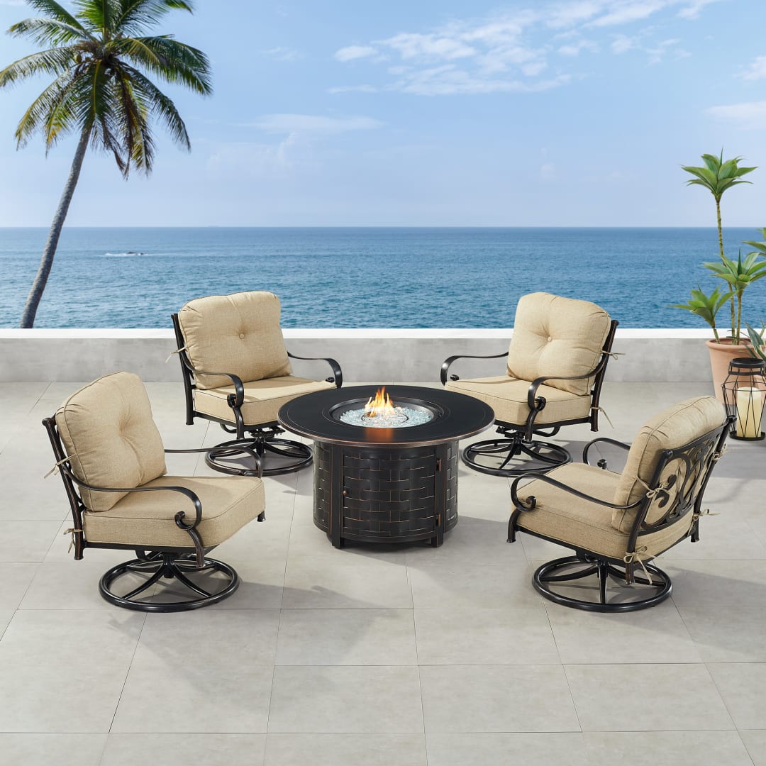 Black Aluminum Patio Fire Table Set with Four Club Chairs