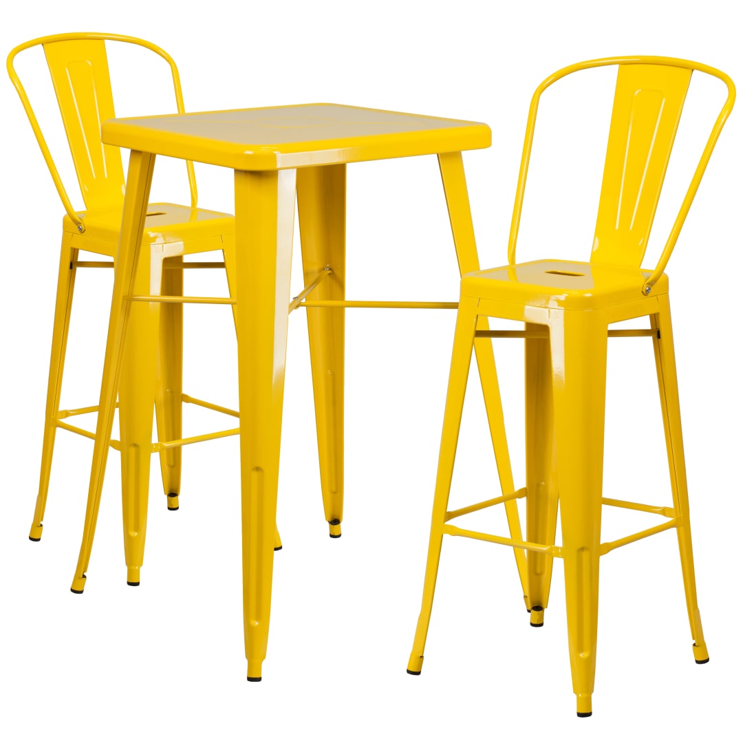 Gable Commercial Grade 23.75" Square Yellow Metal Indoor-Outdoor Bar Table Set with 2 Stools with Backs
