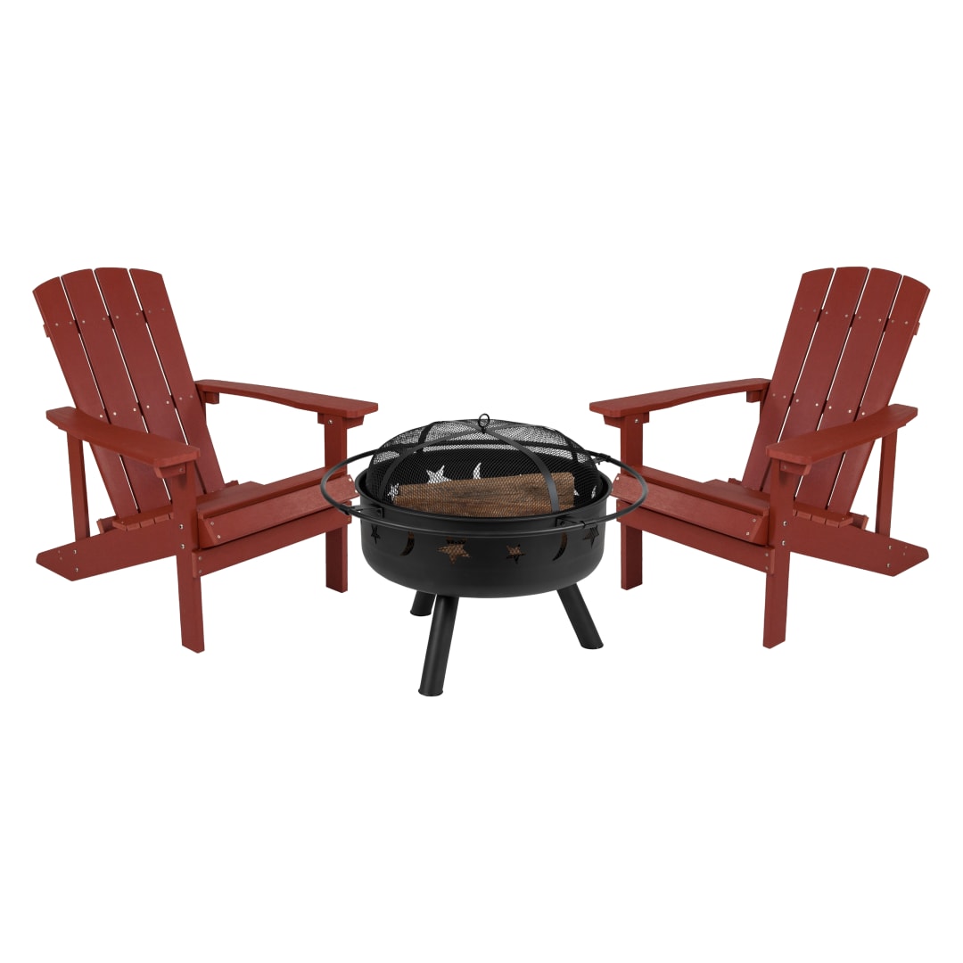 3 Piece Charlestown Red Commercial Poly Resin Wood Adirondack Chair Set with Fire Pit - Star and Moon Fire Pit with Mesh Cover