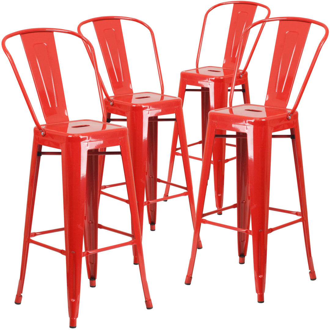 Lily Commercial Grade 4 Pack 30" High Red Metal Indoor-Outdoor Barstool with Removable Back