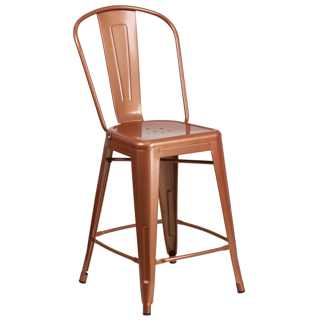 Carly Commercial Grade 24" High Copper Metal Indoor-Outdoor Counter Height Stool with Back