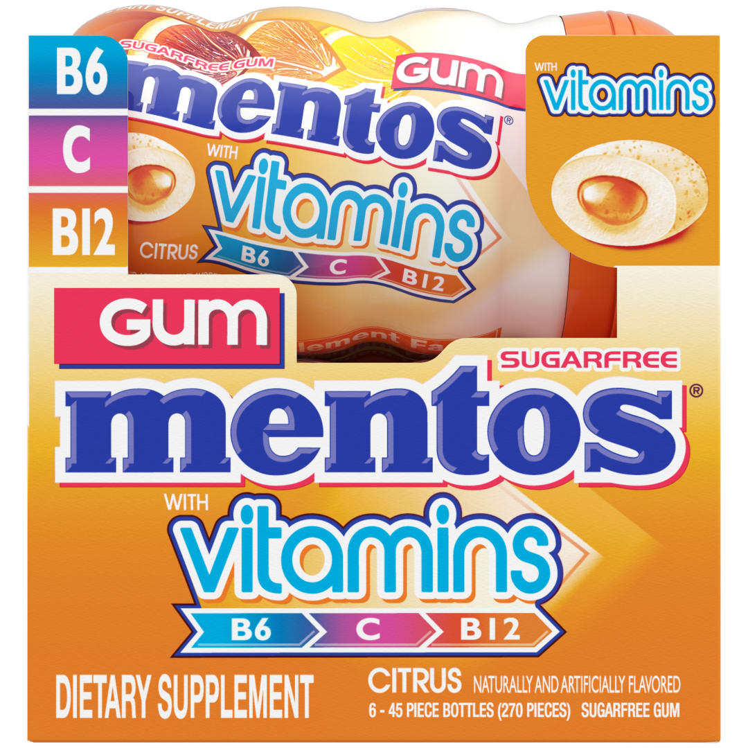 Mentos Gum with Vitamins Sugar Free Chewing Gum Citrus 45 pc Curvy Bottles - 6 Pack
