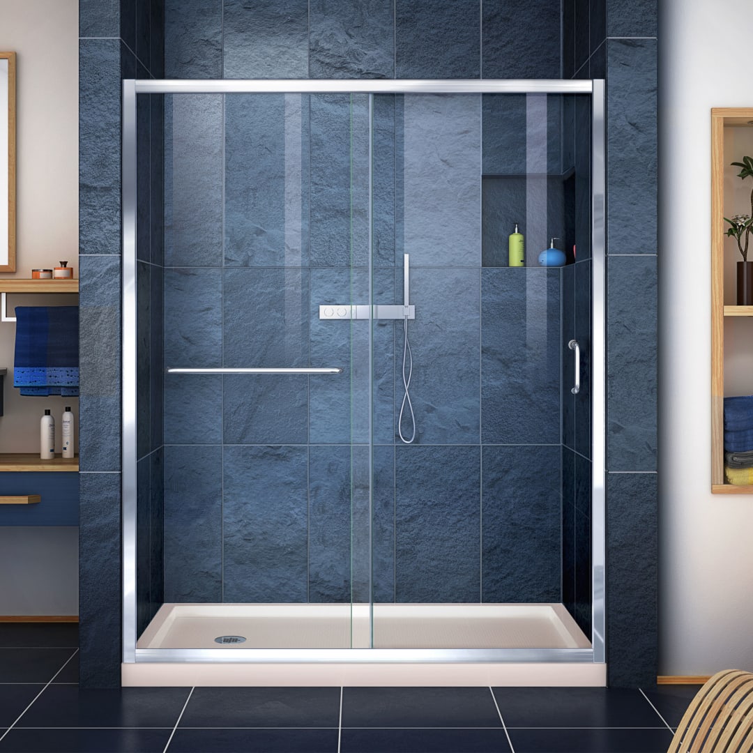DreamLine Infinity-Z 30 inch D x 60 inch W x 74 3/4 inch H Semi-Frameless Sliding Clear Shower Door in Chrome with Left Drain Biscuit Shower Base Kit
