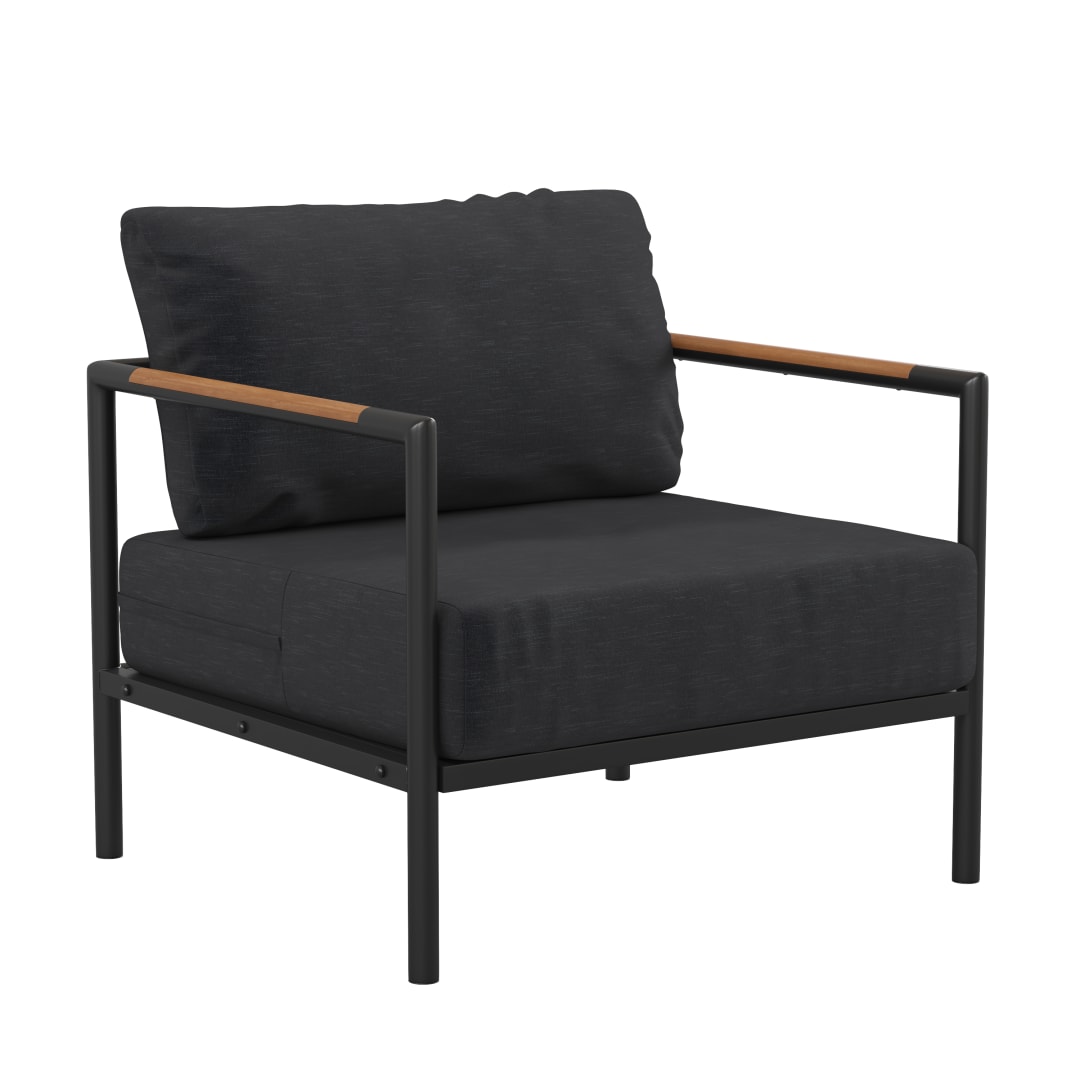 Lea Indoor/Outdoor Patio Chair with Cushions - Modern Aluminum Framed Chair with Teak Accented Arms, Black with Charcoal Cushions