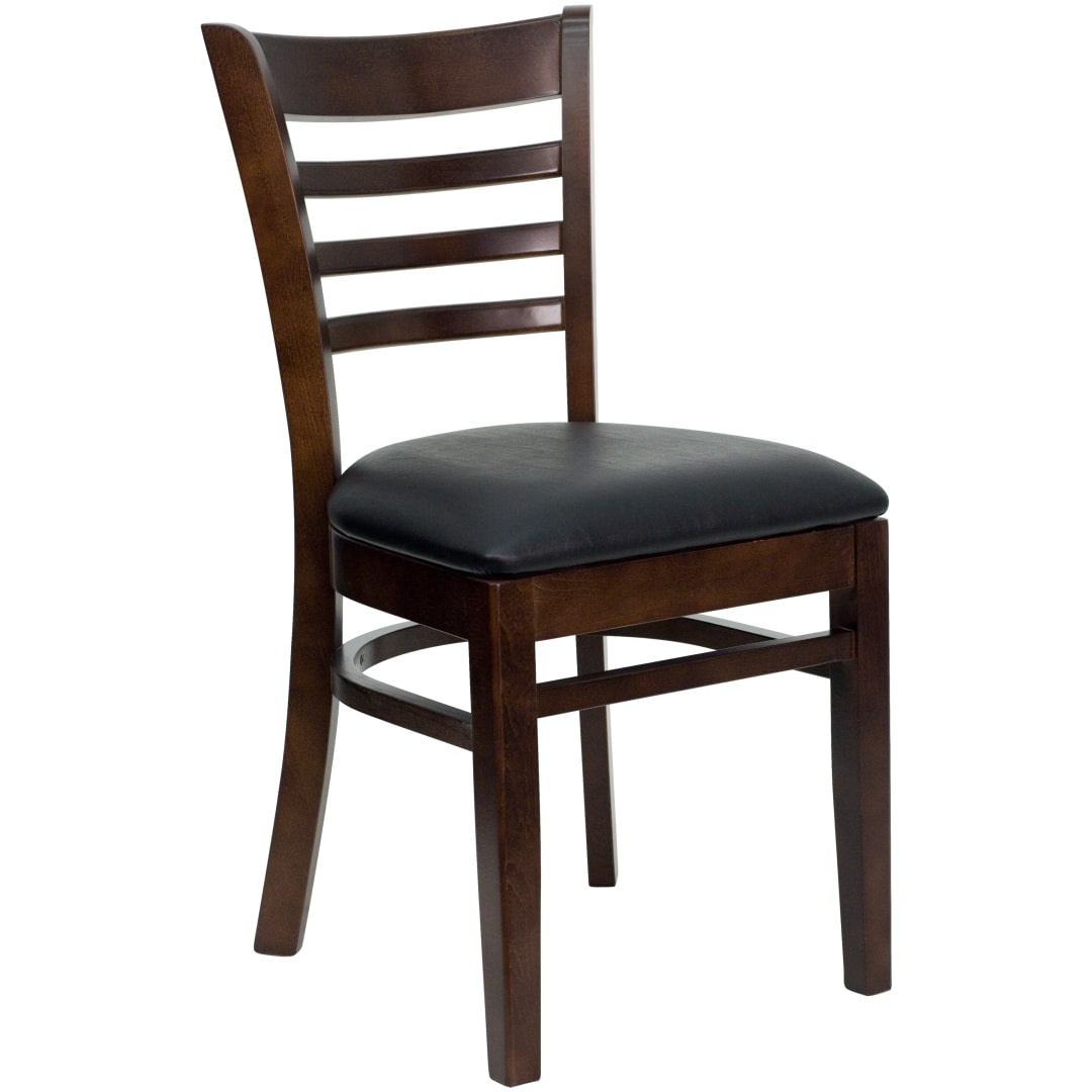 4 Pack HERCULES Series Ladder Back Walnut Wood Restaurant Chair - Black Vinyl Seat