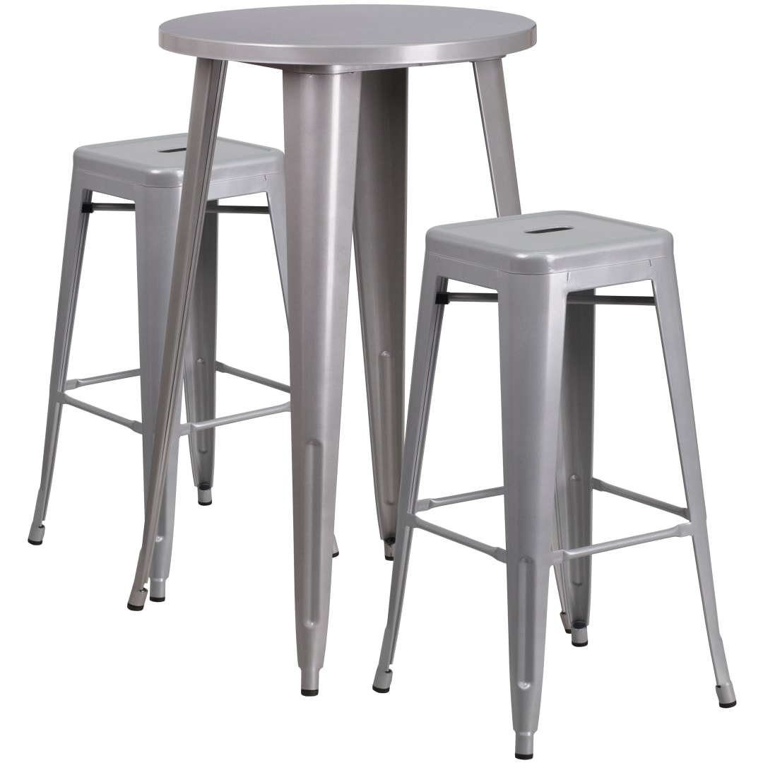 Douglas Commercial Grade 24" Round Silver Metal Indoor-Outdoor Bar Table Set with 2 Square Seat Backless Stools