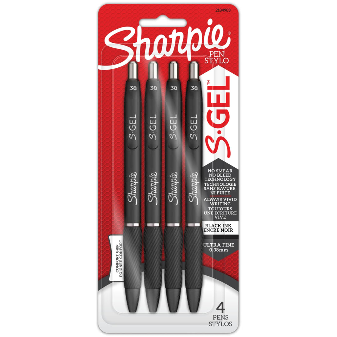 Sharpie® S-Gel, Gel Pens, Ultra Fine Point (0.38 mm), Black, 4 Count