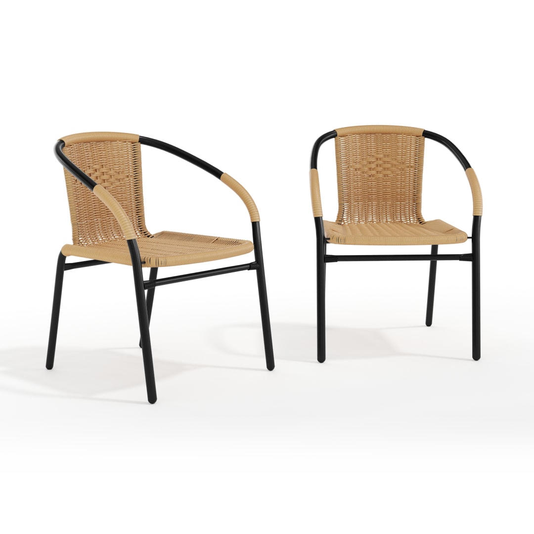Lila Set of 2 Commercial Grade Beige Rattan Indoor-Outdoor Restaurant Stack Chairs