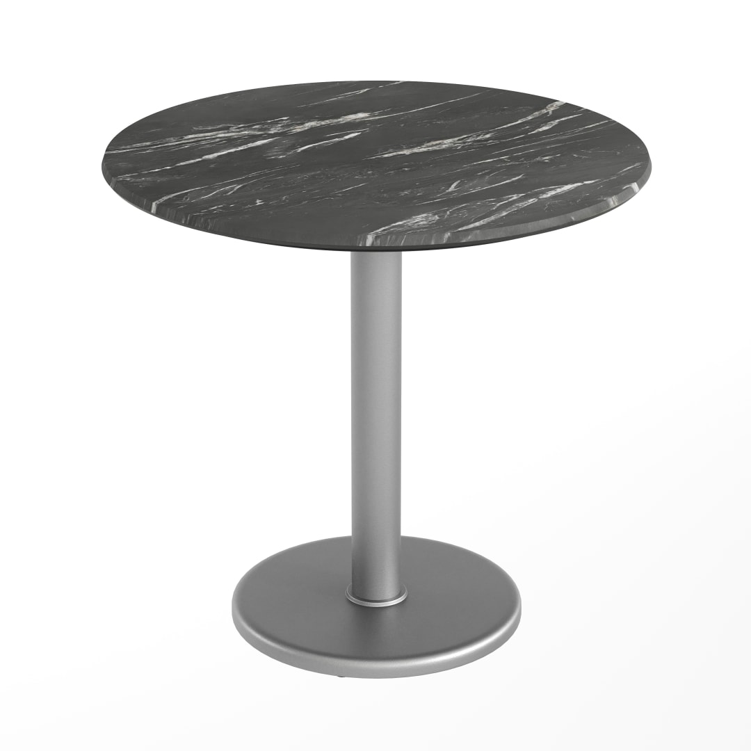TopGuard 31.25" Round Indoor Outdoor Tabletop in Black Faux Marble with Seamless Surface Technology and 18" Round Silver Cast Iron Table Base