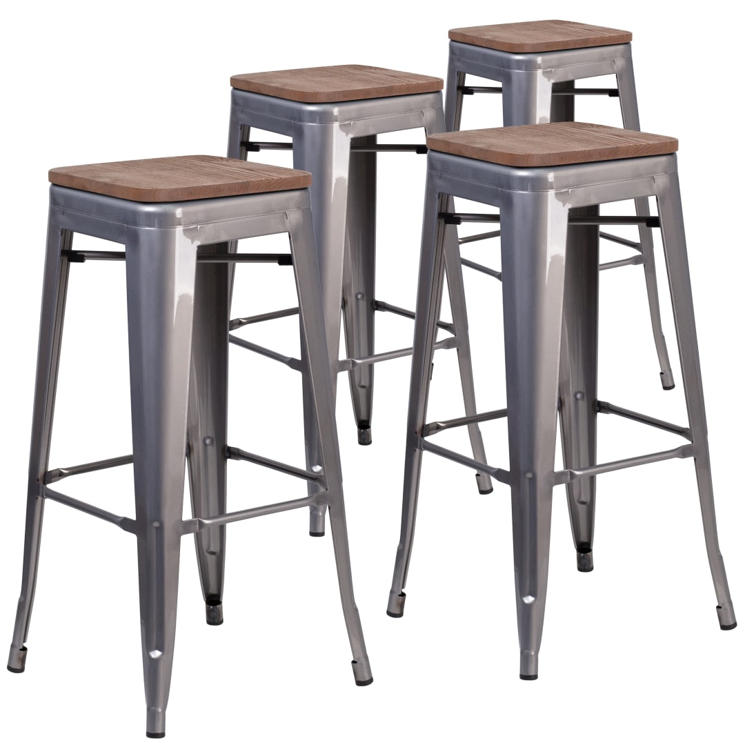Lincoln 4 Pk. 30" High Backless Silver Antique Finish with Clear Coat Metal Barstool with Square Wood Seat