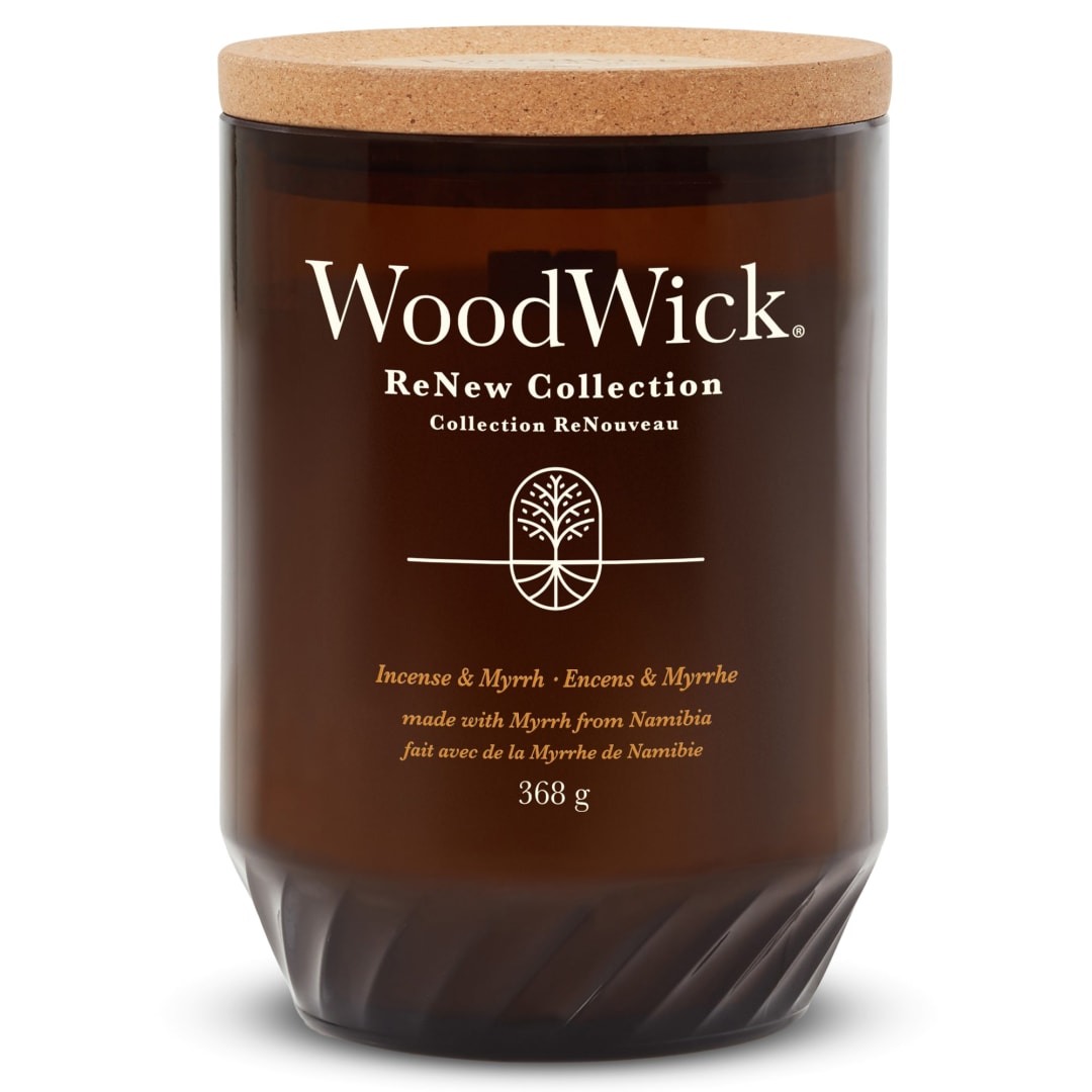 WoodWick ReNew Scented Candle with Crackling Wick | Incense & Myrrh Large Candle | Plant Based Soy Coconut Wax Blend | Made with Recycled Materials | Perfect Gifts for Women