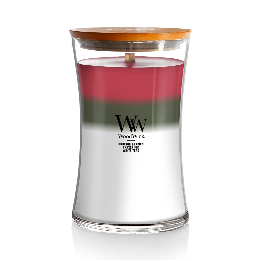 WoodWick® Winter Garland Scented Trilogy Large Hourglass Candle, Crackles as it Burns, Perfect for gifting, 21oz