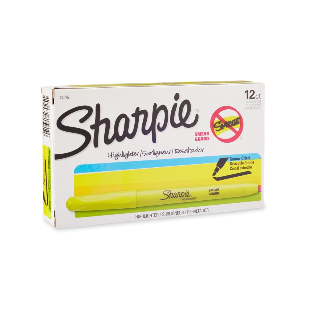 Sharpie® Pocket Style Highlighters, Chisel Tip, Fluorescent Yellow, Box of 12