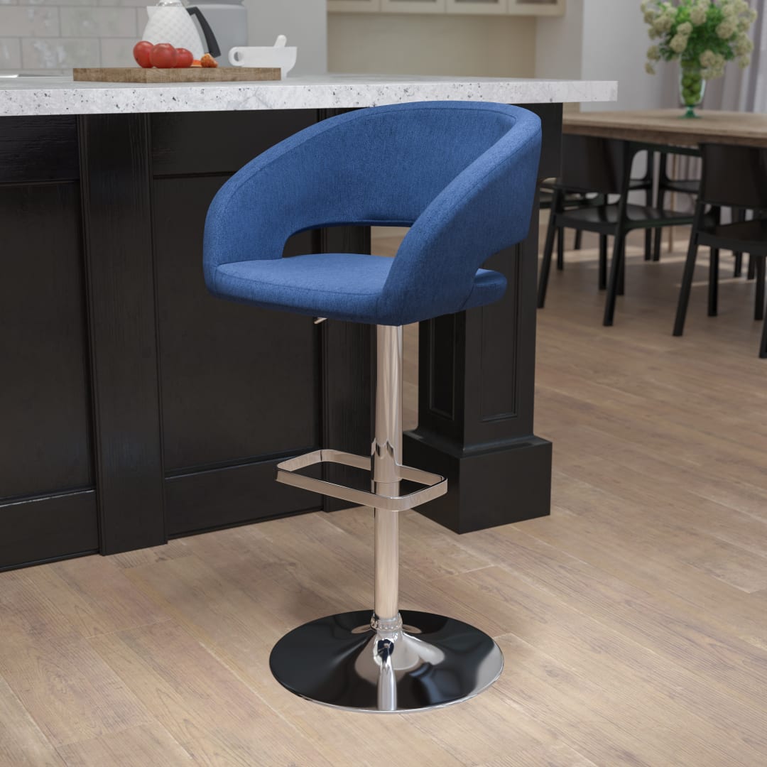 Erik Contemporary Blue Fabric Adjustable Height Barstool with Rounded Mid-Back and Chrome Base