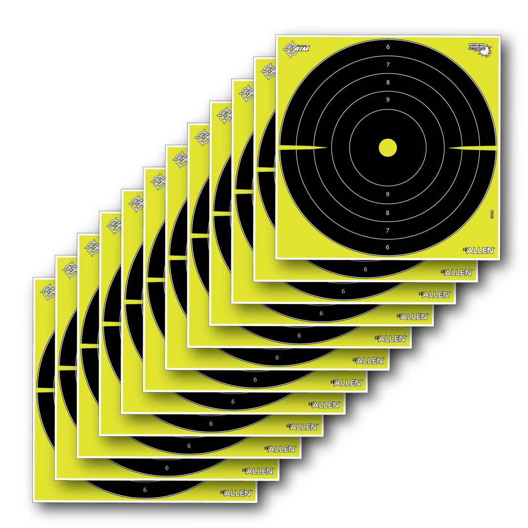 EZ Aim® Reactive Paper Shooting Targets, Bullseye, 12" Square, 12-Pack, Black/Chartreuse