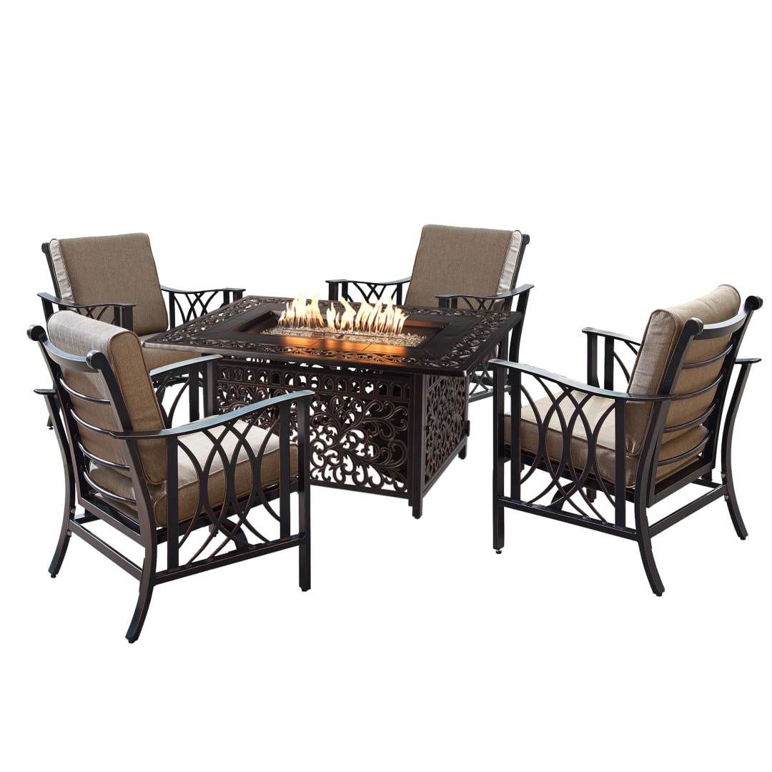 Aluminum 48-in Rectangular Antique Copper Fire Table Set with Four Deep Seating Rocking Chairs, Fire Beads, Lid, Propane Tank Cover and Table Fabric Covers