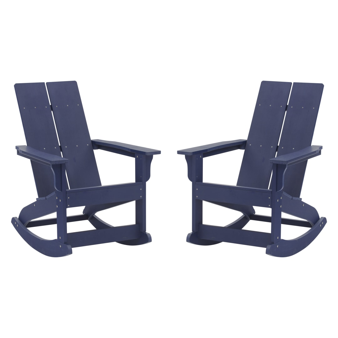 Finn Modern Commercial Grade All-Weather 2-Slat Poly Resin Rocking Adirondack Chair with Rust Resistant Stainless Steel Hardware in Navy - Set of2