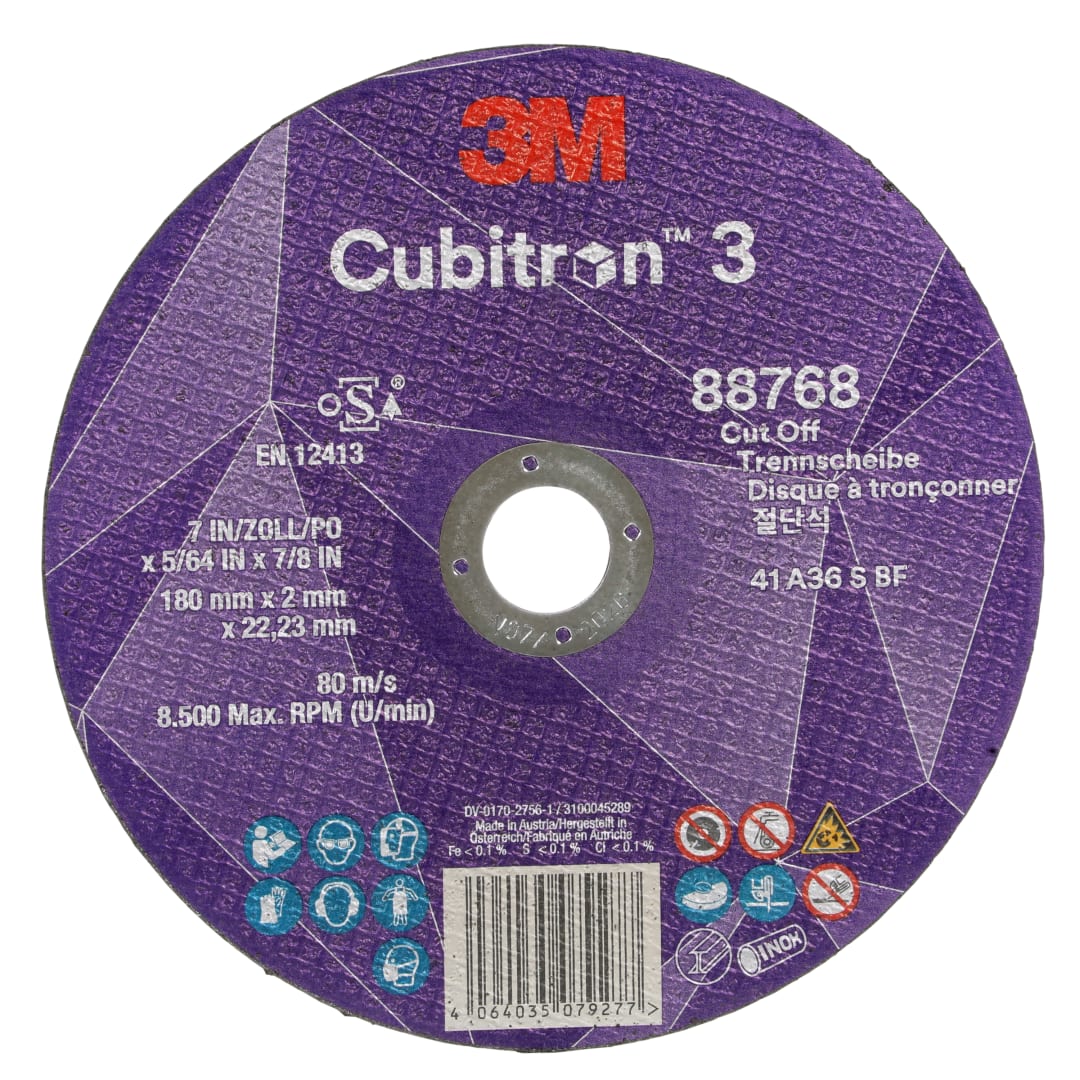 3M™ Cubitron™ 3 Kesme Taşı, 88768, 36+, T41, 180 mm x 2 mm x 22,23 mm, EN, 25/Paket, 50 adet/Kutu