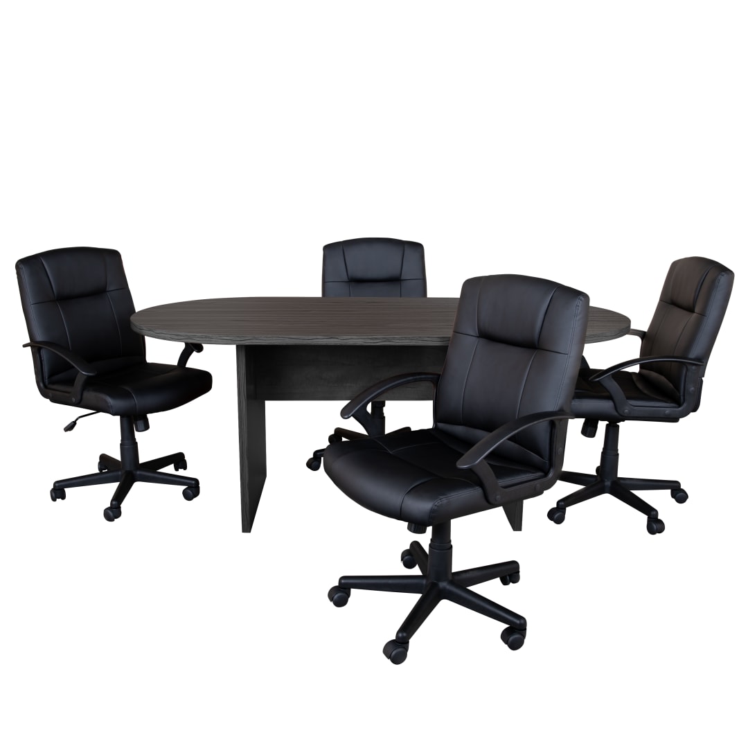 Lake 5 Piece Rustic Gray Oval Conference Table Set with 4 Black LeatherSoft-Padded Task Chairs