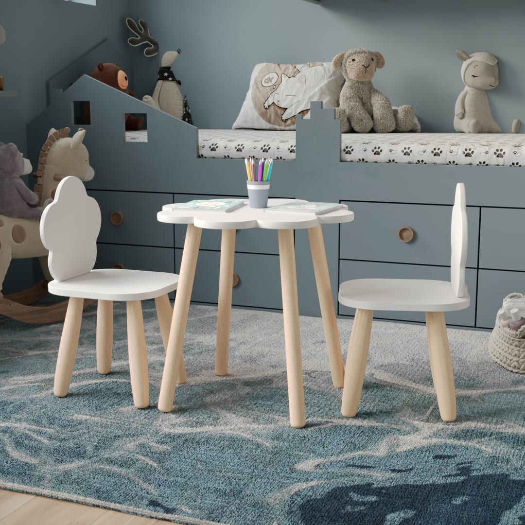Kids 3-Piece Wood Cloud-Shaped Table and Chairs Set, White/Natural