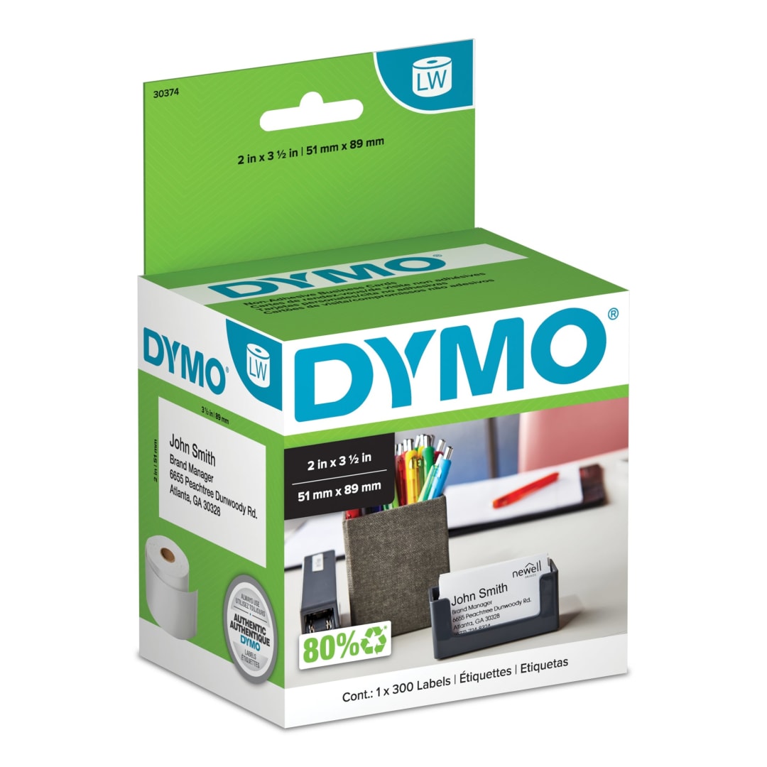 DYMO® Authentic LW Non-Adhesive Business Card Labels for LabelWriter™ Label Printers, White, 2" x 3-1/2", 1 Roll of 300