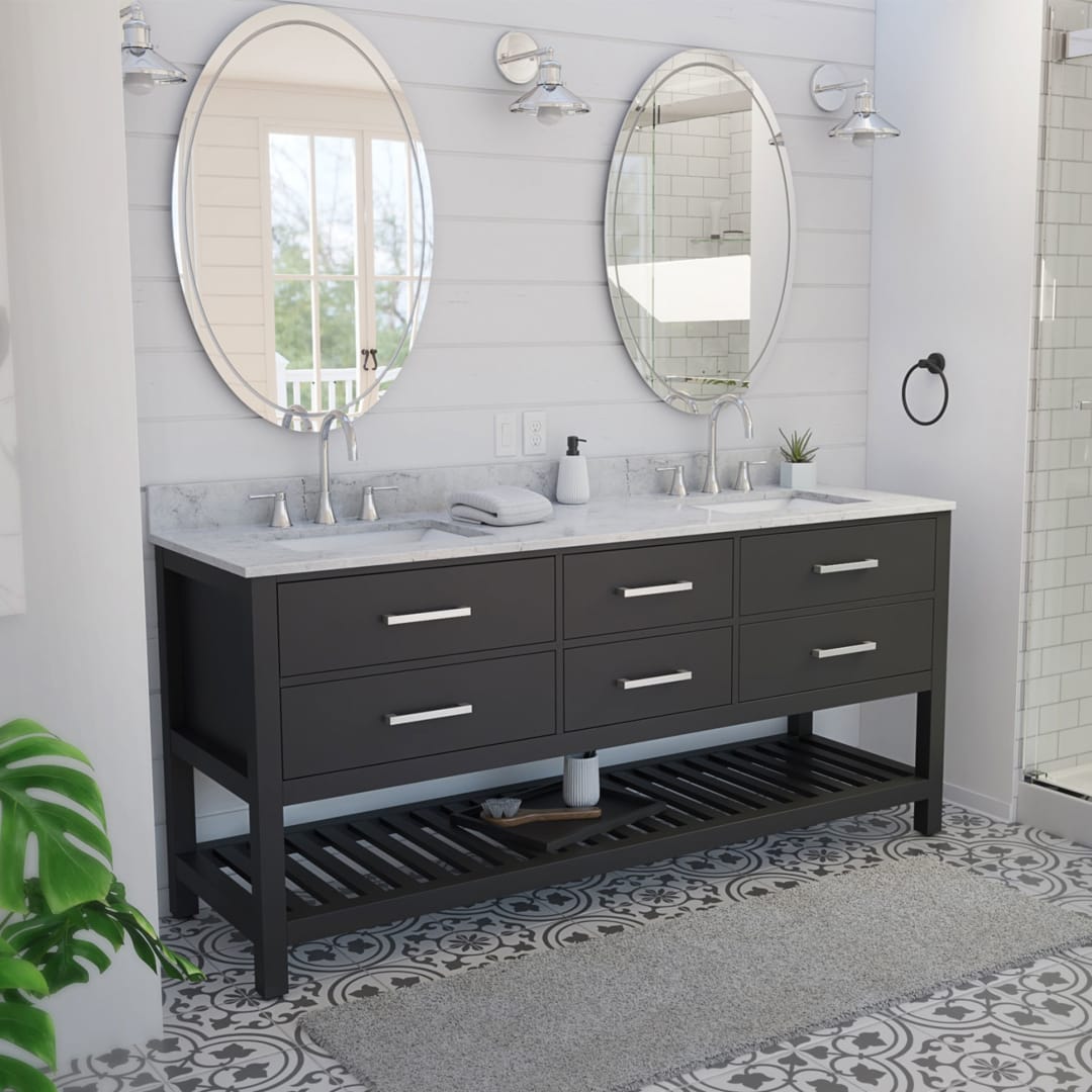 DreamLine Valencia 72 inch W x 22 inch D x 34 inch H Double Rectangular Sink Oak Vanity in Black with White Top