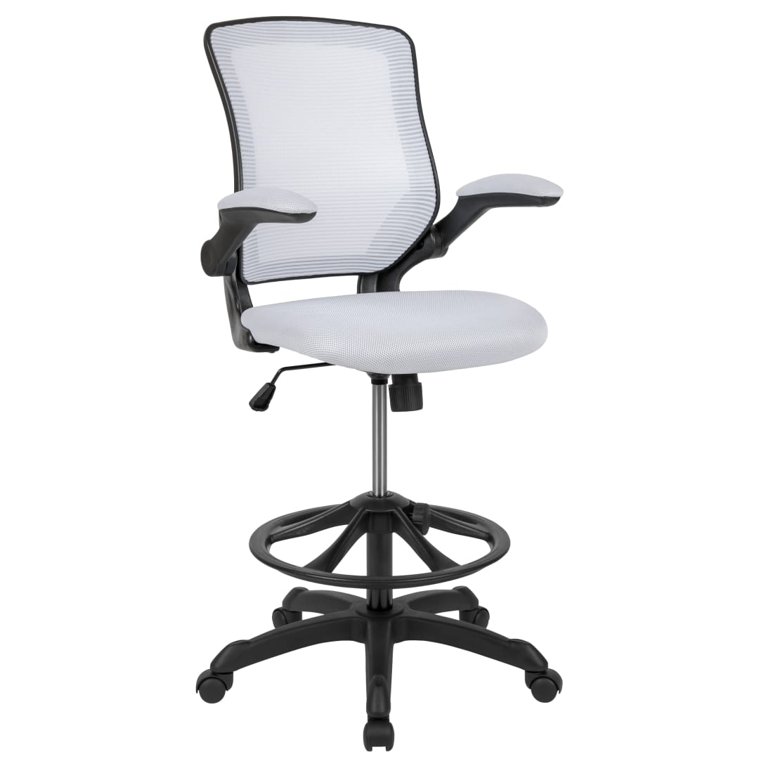 Kale Mid-Back White Mesh Ergonomic Drafting Chair with Adjustable Foot Ring and Flip-Up Arms
