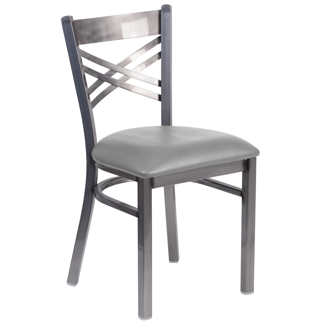 HERCULES Series Silver Antique Finish with Clear Coat ''X'' Back Metal Restaurant Chair - Custom Upholstered Seat