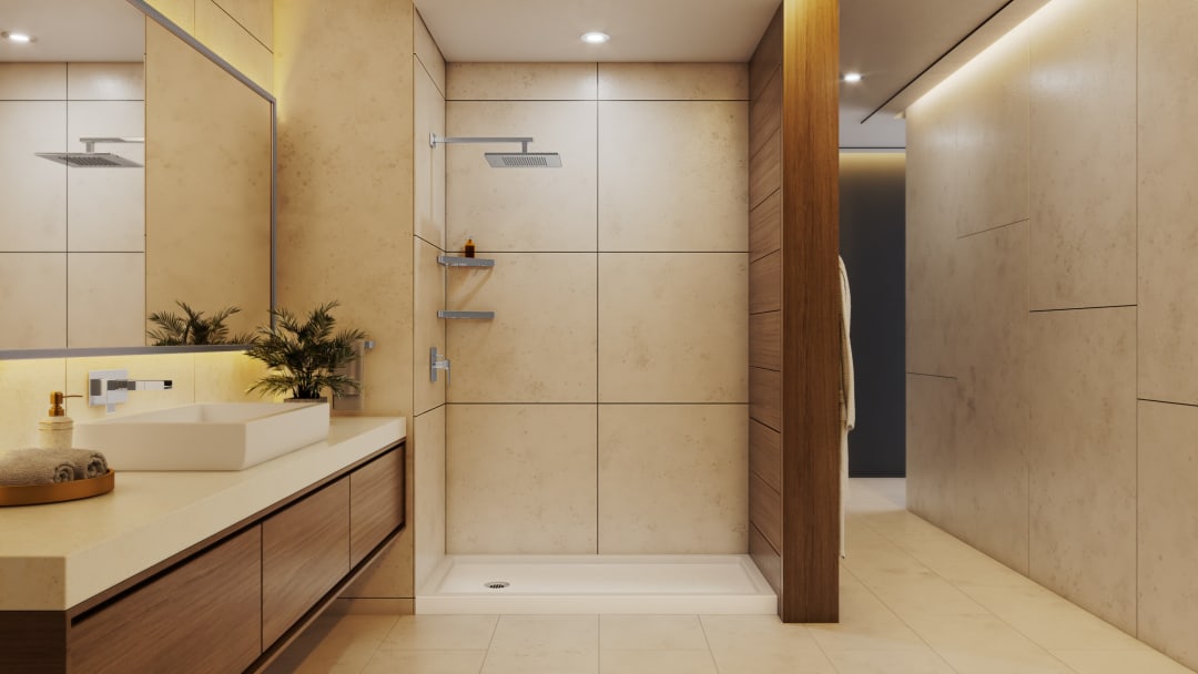 DreamLine SlimLine 32 inch D x 60 inch W x 2 3/4 inch H Single Threshold Biscuit Alcove Shower Base with 2 inch Chrome Left Round Drain