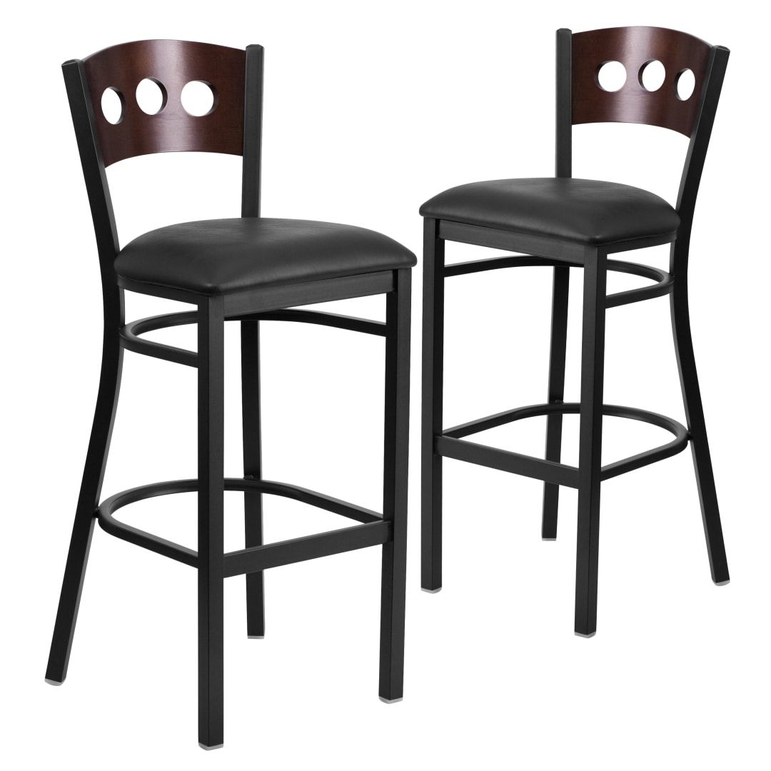 2 Pk. HERCULES Series Black 3 Circle Back Metal Restaurant Barstool - Walnut Wood Back, Black Vinyl Seat