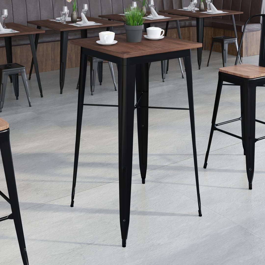 Prince 23.5" Square Black Metal Indoor Bar Height Table with Walnut Rustic Wood Top