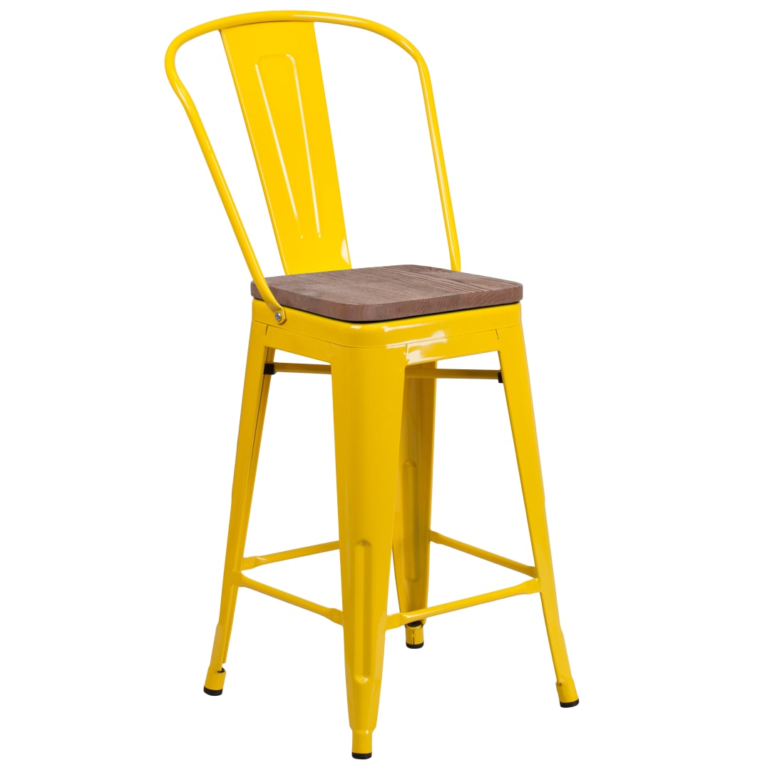 Lily 24" High Yellow Metal Counter Height Stool with Back and Wood Seat