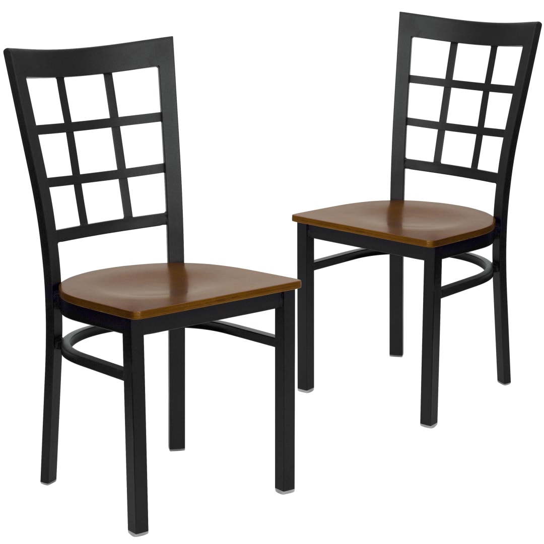 2 Pk. HERCULES Series Black Window Back Metal Restaurant Chair - Cherry Wood Seat