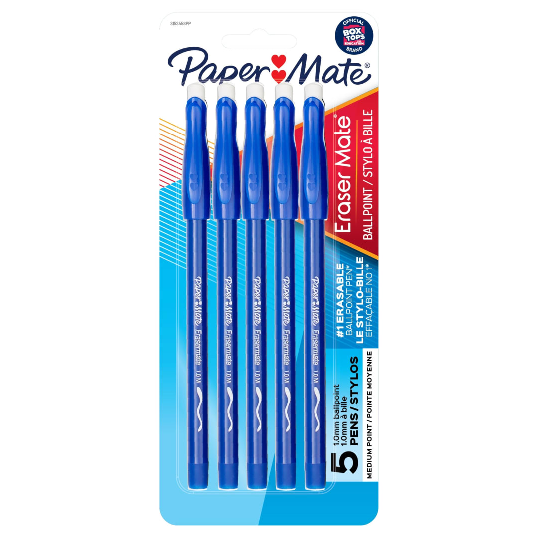 Paper Mate® Erasermate® Pen, Medium Point, Blue, 5/pk (3153558PP)