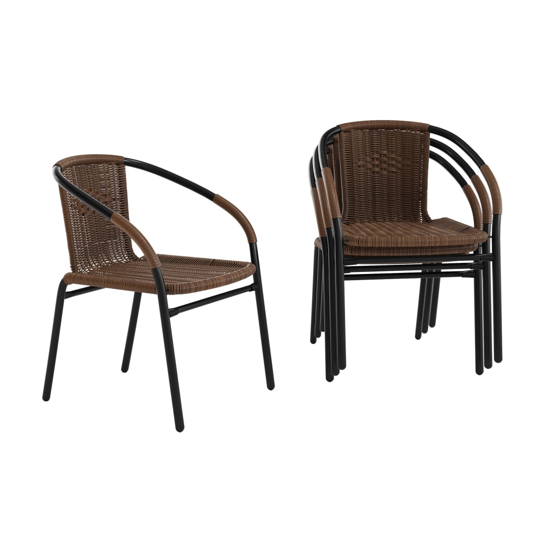 Lila Set of 4 Commercial Grade Medium Brown Rattan Indoor-Outdoor Restaurant Stack Chairs