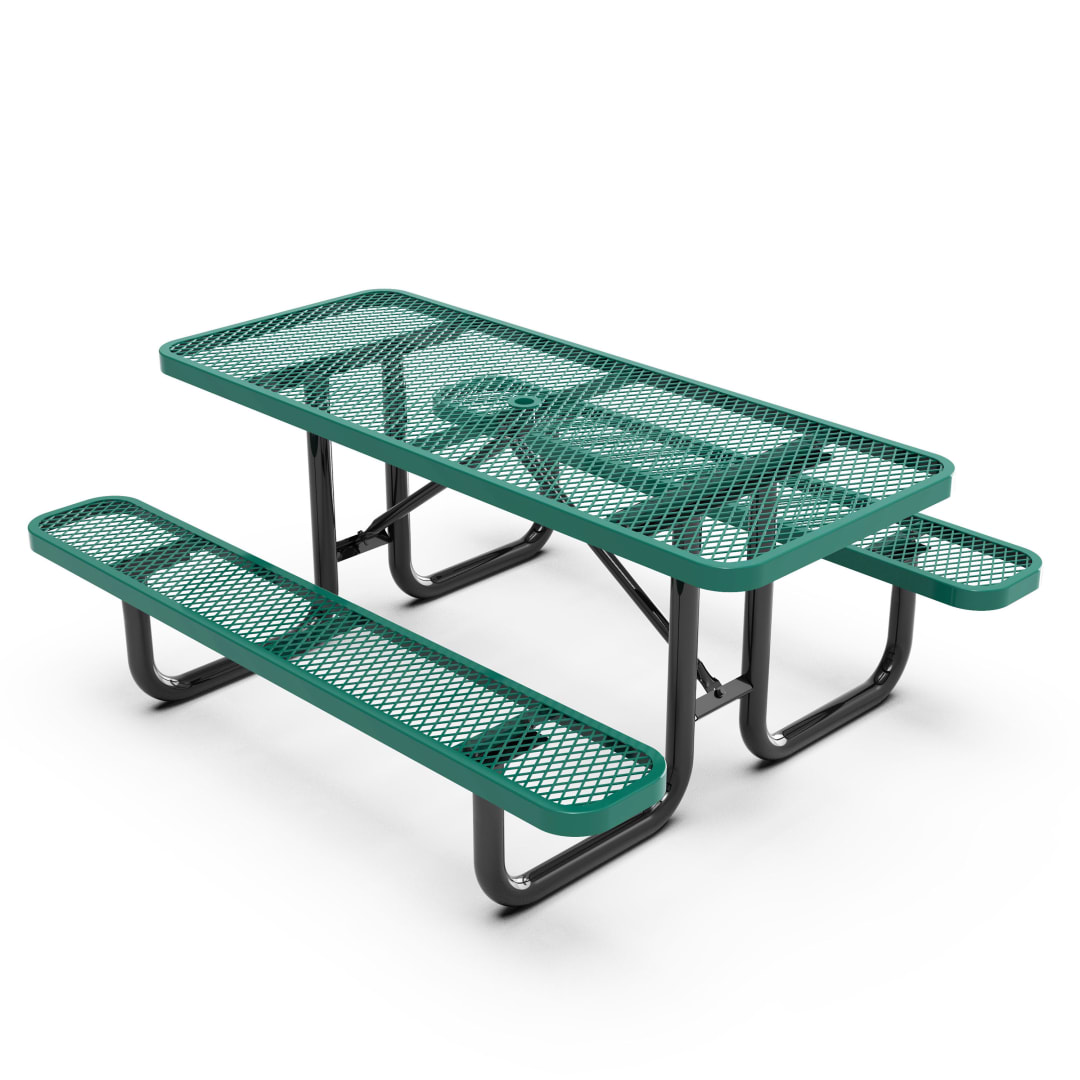 Mantilla 6' Rectangular Outdoor Picnic Table with Commercial Heavy Gauge Green Expanded Metal Mesh Top and Seats and Black Steel Frame