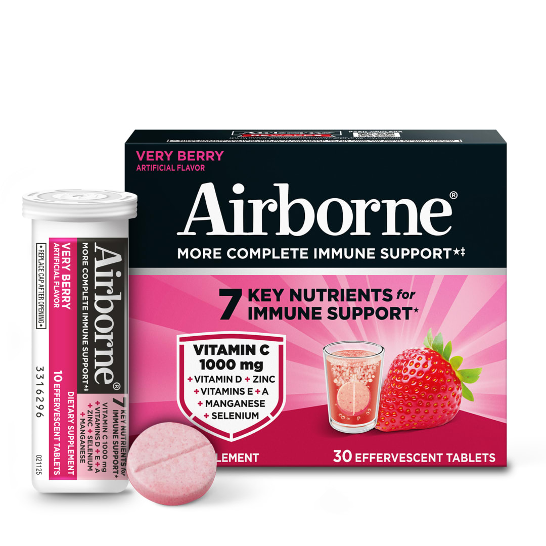 Airborne Immune Support Effervescent Tablets, Very Berry Flavor - 30ct with 1000mg Vitamin C + Vitamins A, D, E, Zinc, Selenium, Manganese & Herbal Blend - Sugar‑Free, Gluten‑Free